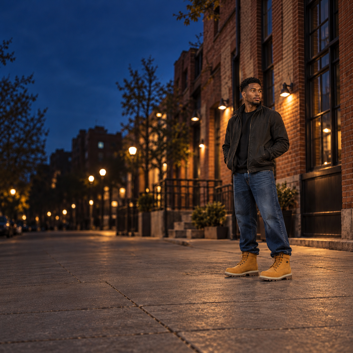 A man stands on a city sidewalk at dusk wearing a black bomber jacket, blue jeans, and the Lugz Brigade Hi leather boots, with brick buildings and lit street lamps in the background.