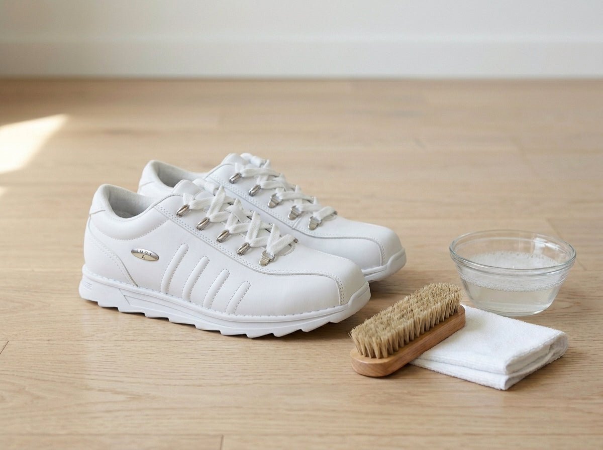 Clean white sneakers beside a brush, cloth, and bowl of soapy water