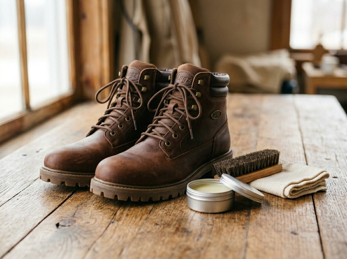 Brown leather boots beside a brush, cloth, and conditioner ready for cleaning