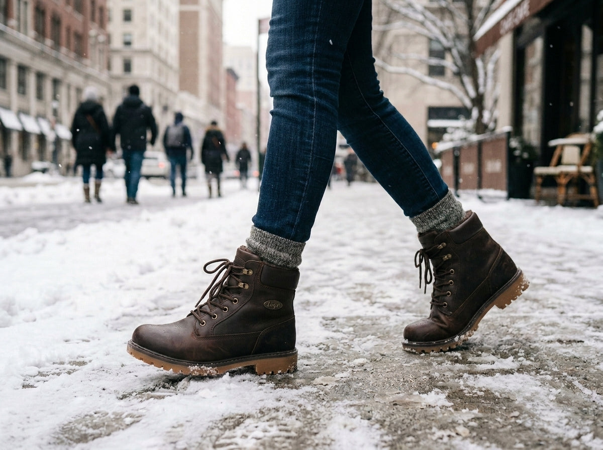 woman wearing lugz boot in snowy city