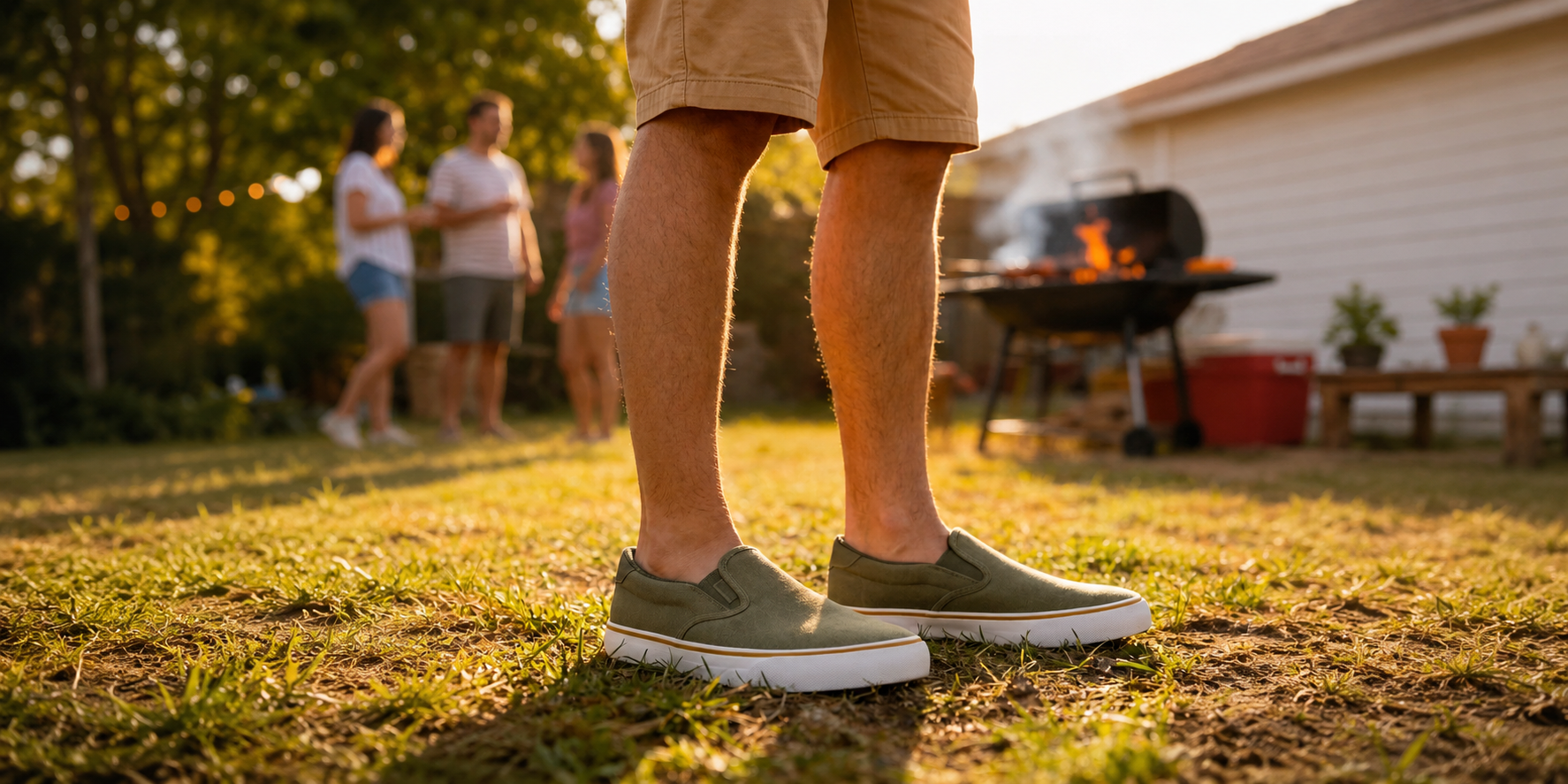 Men's canvas shoe known as Lugz Clipper worn by model at BBQ setting. 