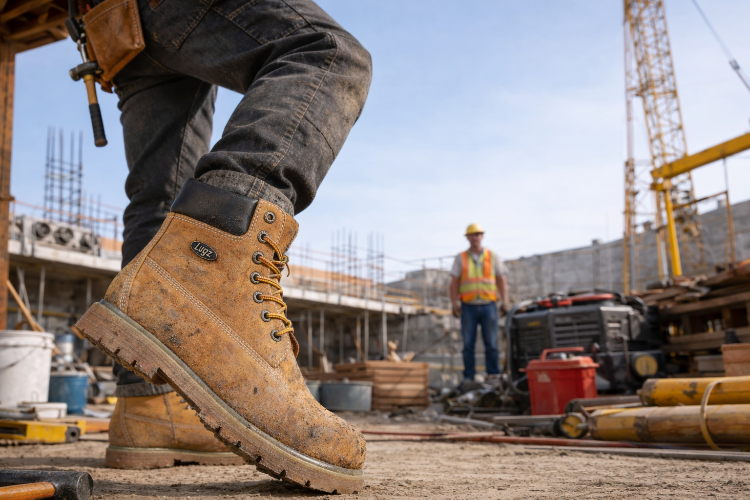 Person wearing brown work boots on a construction site with another worker in the background.