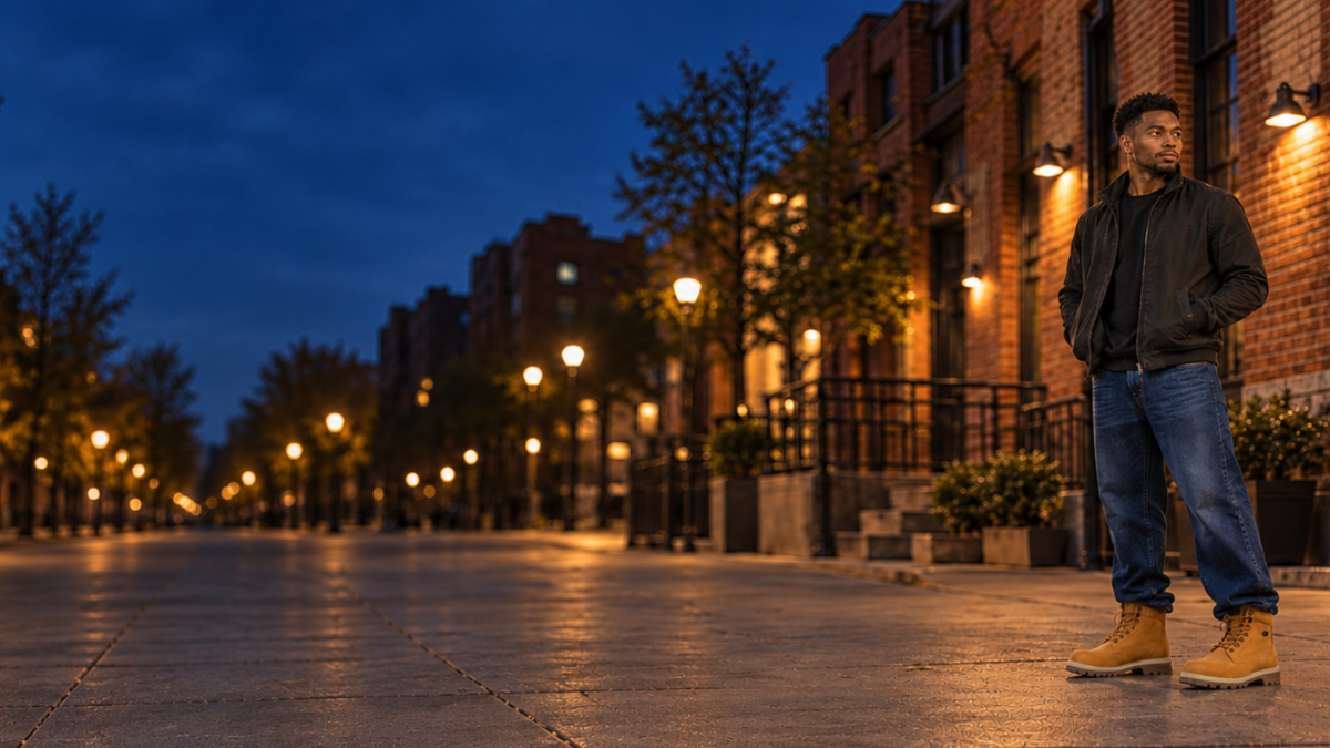 A man wearing a black jacket, blue jeans, and the Lugz Brigade Hi Leather boots stands on a city street at dusk next to a brick building with lit windows.